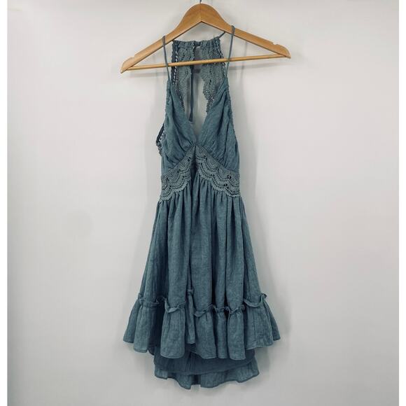 Hello Molly Crochet Detail Mini Swing Dress Halter Open Back V Neck Turquoise XS - Picture 3 of 9